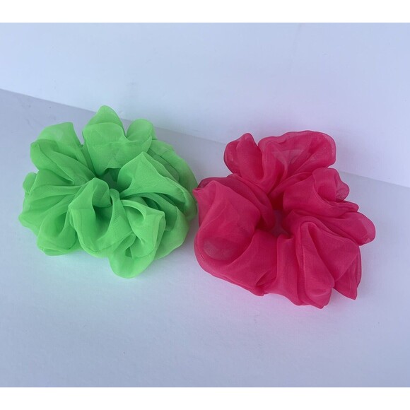 New Chiffon Scrunchie Hair Tie 2 XLarge Set Pink And Green - Picture 6 of 8